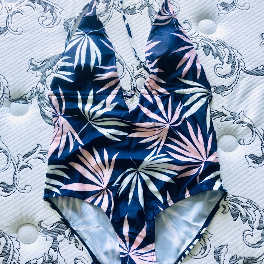 Leaf Print Self Tie Plunging One Piece Swimsuit